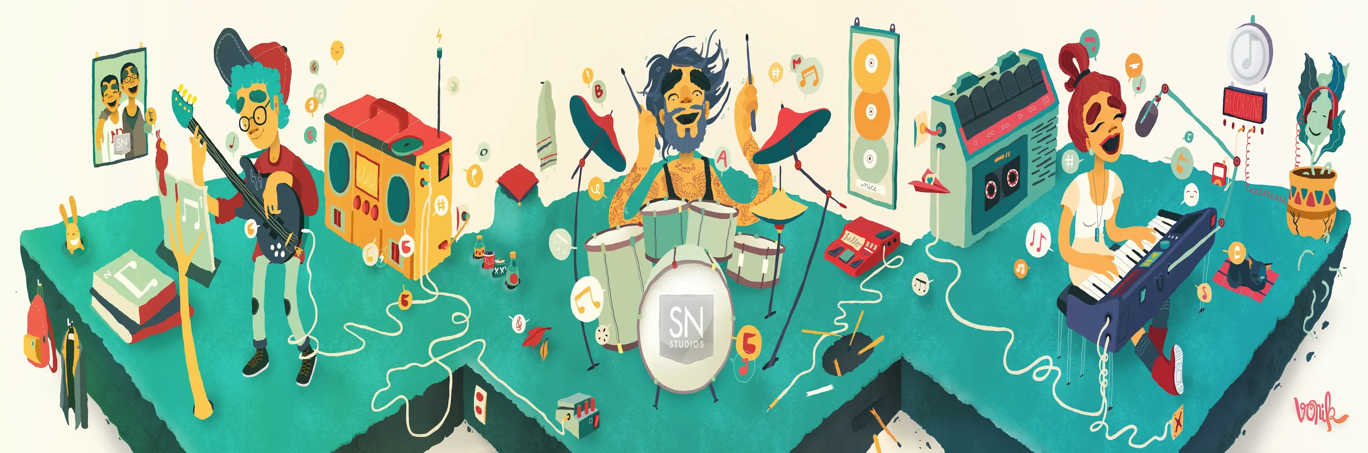 Muurschildering van een band in Silver Note Studios: gitarist, drummer en zangeres achter de keyboards op zwevende groene eilanden